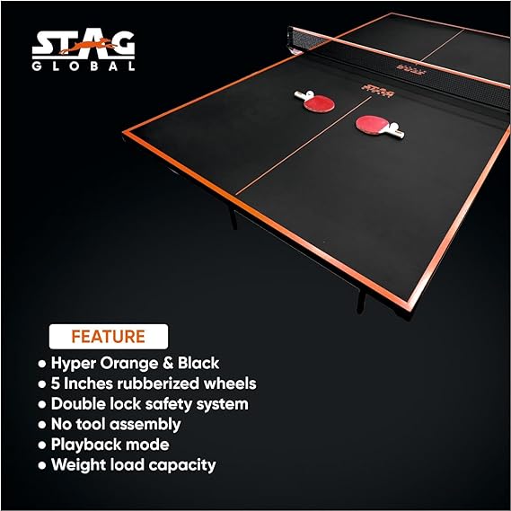Stag Global Flex Table Tennis Table Black Top | Thickness 16mm With Net Set, Table Cover, 2 Racquets And 6 Balls Features Quick Assembly And Play Back Mode