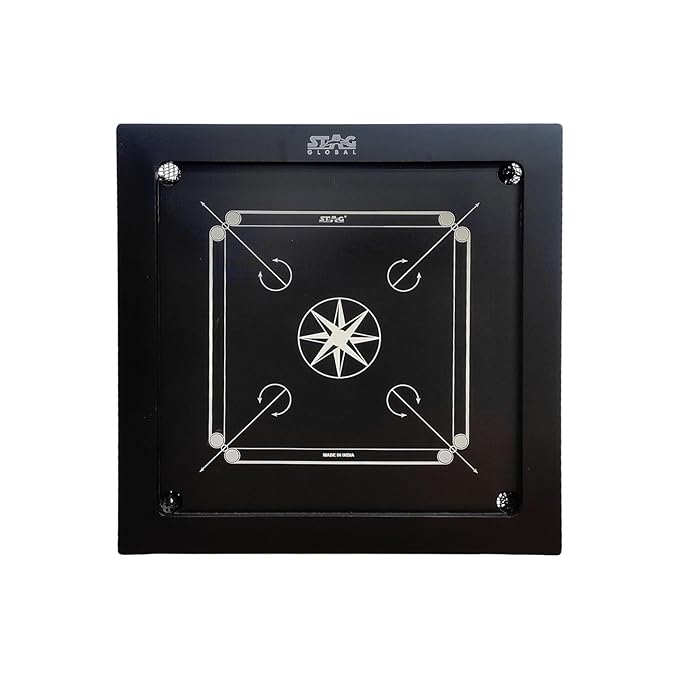 Stag Global Professional Black Carrom Board | with 9 Neon Orange & 9 Neon Green Carrom Coins, and a Striker (Without Wheel)