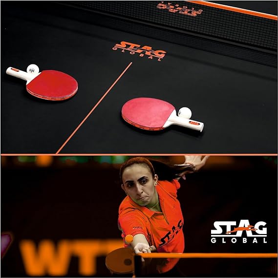 Stag Global Flex Table Tennis Table Black Top | Thickness 16mm With Net Set, Table Cover, 2 Racquets And 6 Balls Features Quick Assembly And Play Back Mode