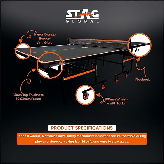 Stag Global Flex Table Tennis Table Black Top | Thickness 16mm With Net Set, Table Cover, 2 Racquets And 6 Balls Features Quick Assembly And Play Back Mode