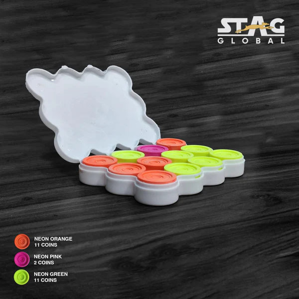 Stag Global Professional Black Carrom Board | with 9 Neon Orange & 9 Neon Green Carrom Coins, and a Striker (Without Wheel)