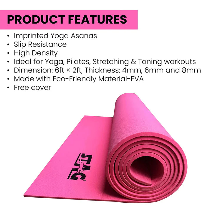 Stag Yoga Mantra Asana Pink Mat With Strap, 6MM Thickness