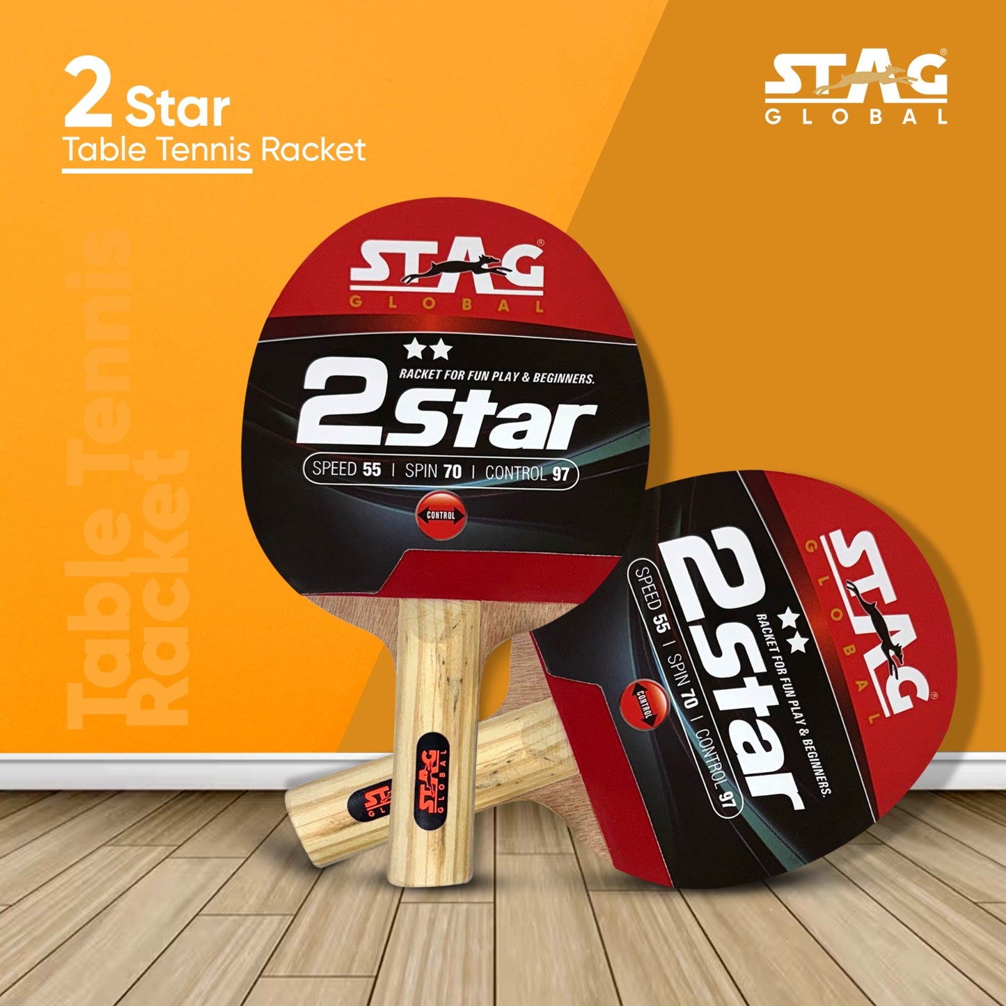 STAG GLOBAL 2 Star Table Tennis Racket | 190 Grams | Beginner | Ergonomic Handle & Grip | High Spin & Control