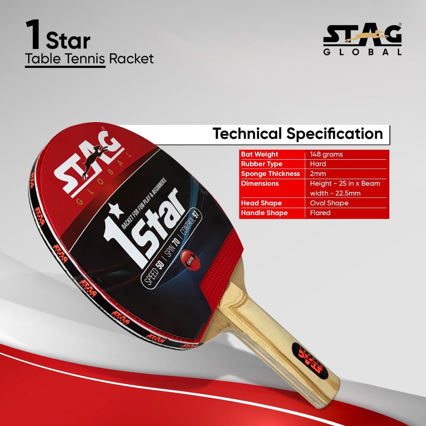 STAG GLOBAL 1 Star Table Tennis Racket | Speed 50 | Spin 70 |  Control 97 | Wooden Handle|